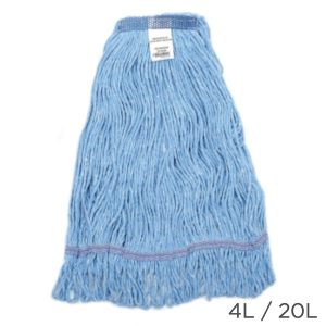 A ReThink BioClean's wet mop medium looped narrow band 20oz blue mop head.