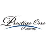 Prestige One catering's logo in blue and black.