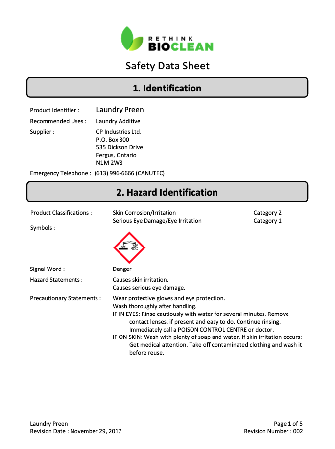 Safety data sheet for laundry preen.