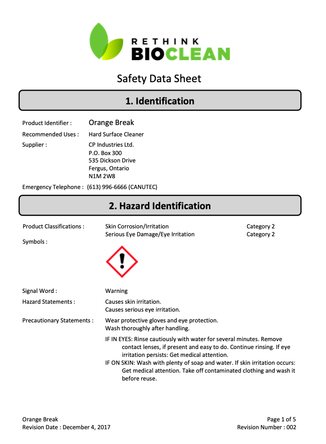 Safety data sheet for orange break.