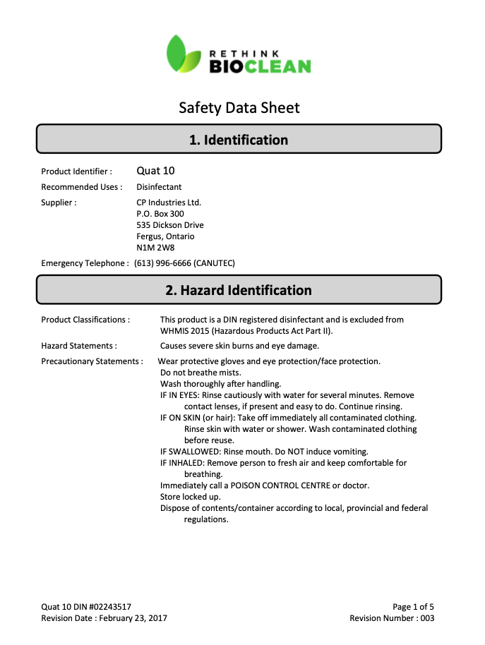Safety Data Sheet on Quat 10.