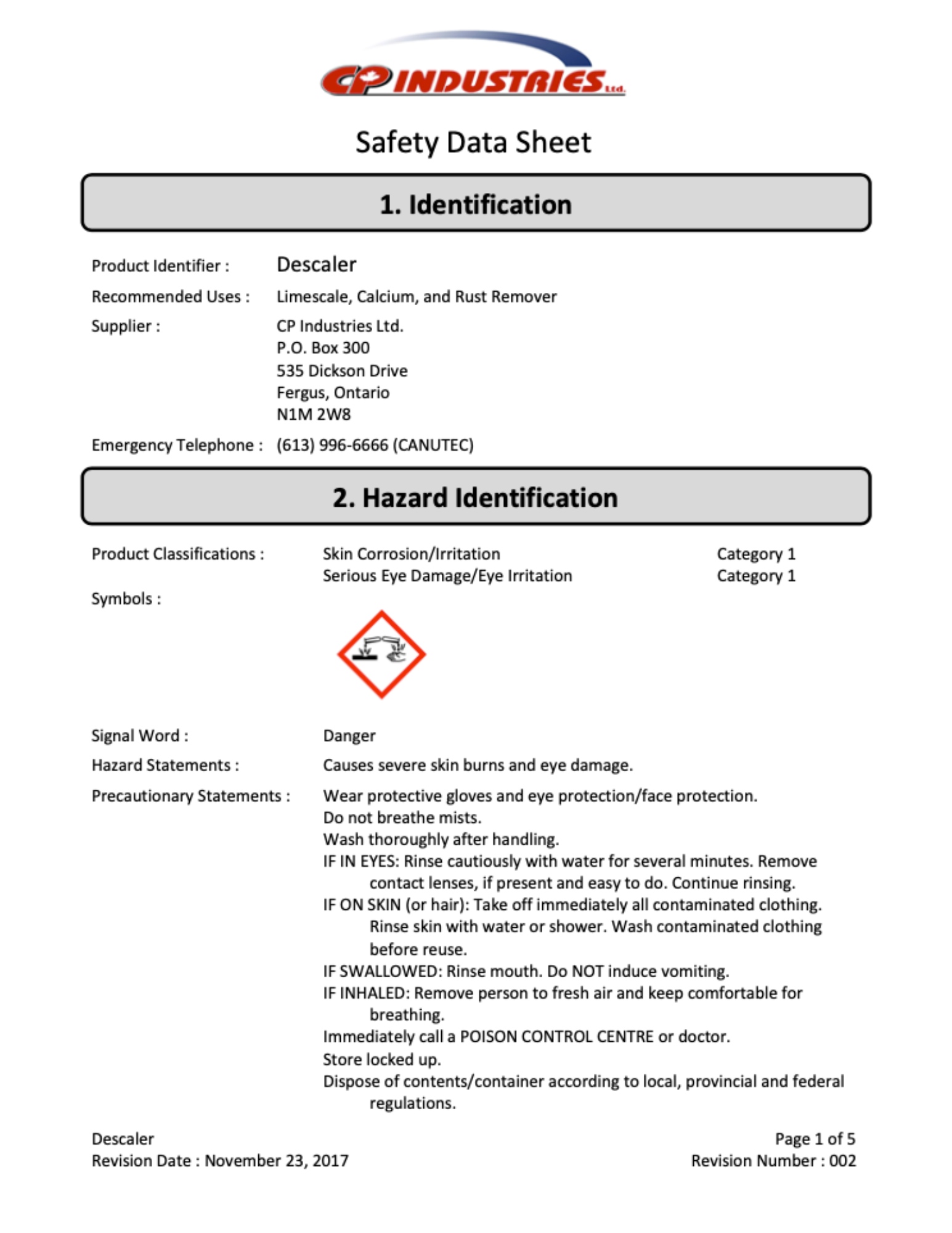 CP Industries safety data sheet for Descaler.