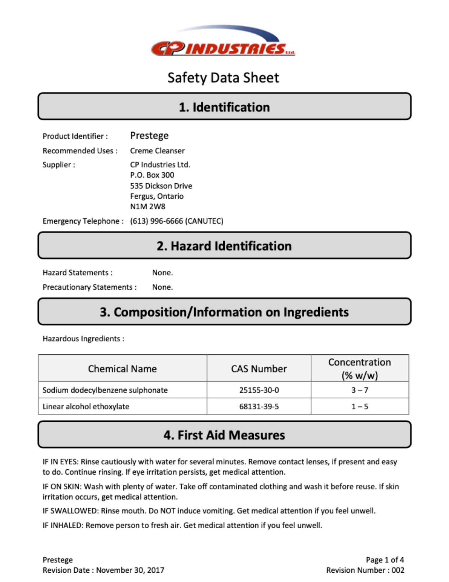 CP Industries safety data sheet for Prestege.