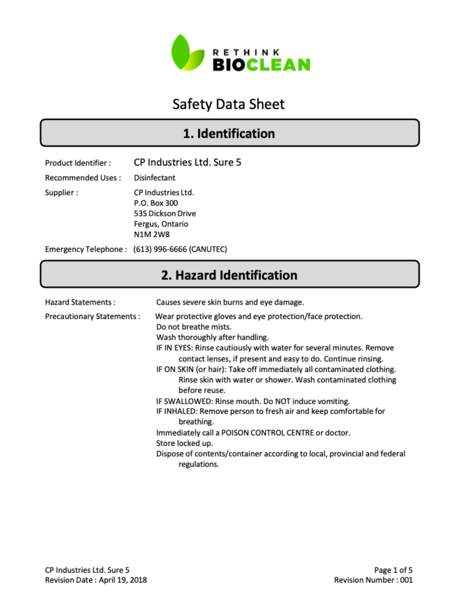 ReThink BioClean's safety data sheet for Sure 5.